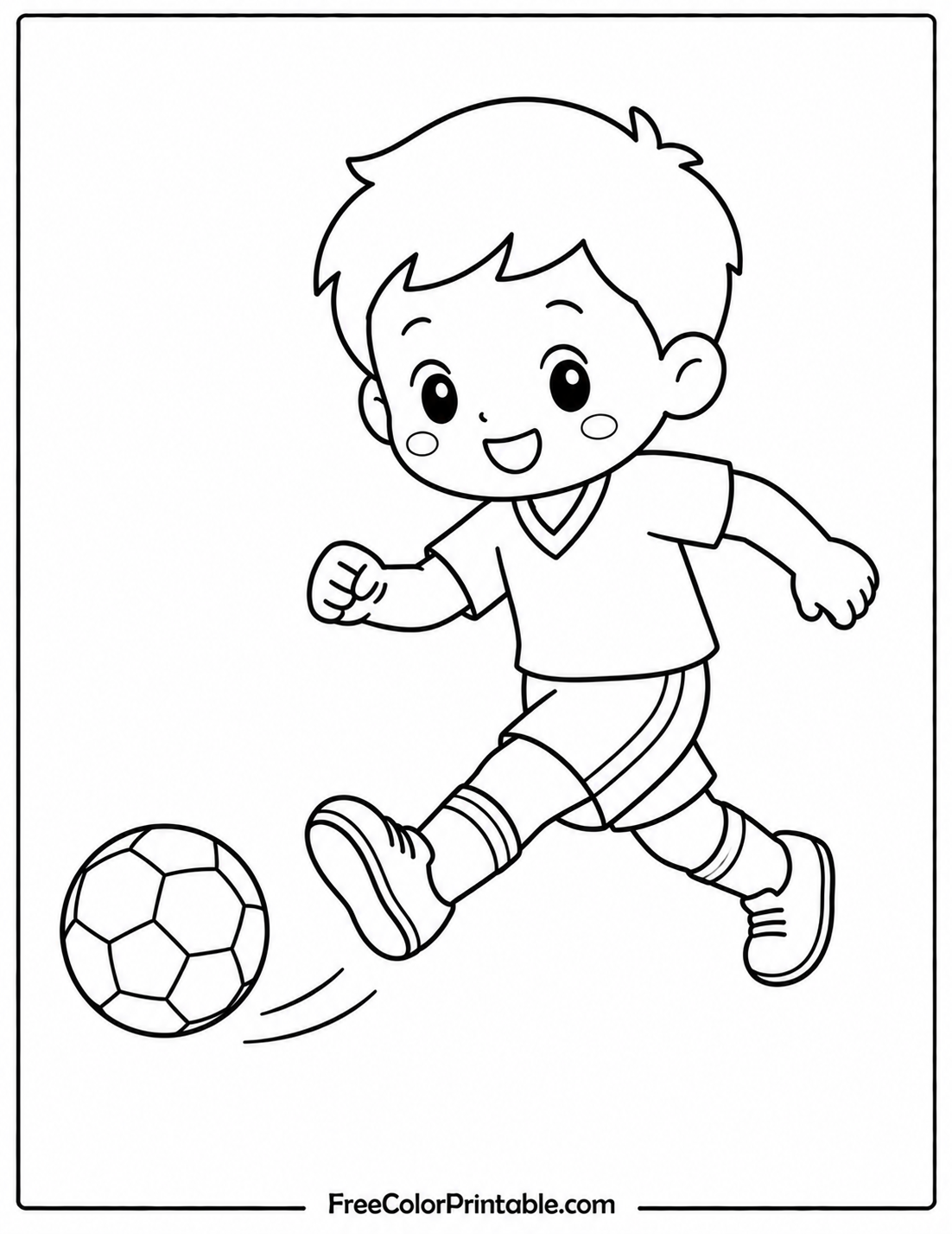 Happy boy playing soccer coloring page Coloring Page — Free Printable — free printable coloring page